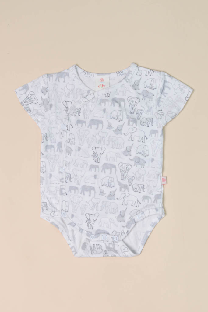 Blue Wrap Onesie short-sleeved jumpsuit with elephant family motif