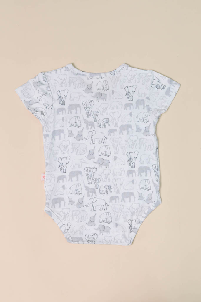 Blue Wrap Onesie short-sleeved jumpsuit with elephant family motif