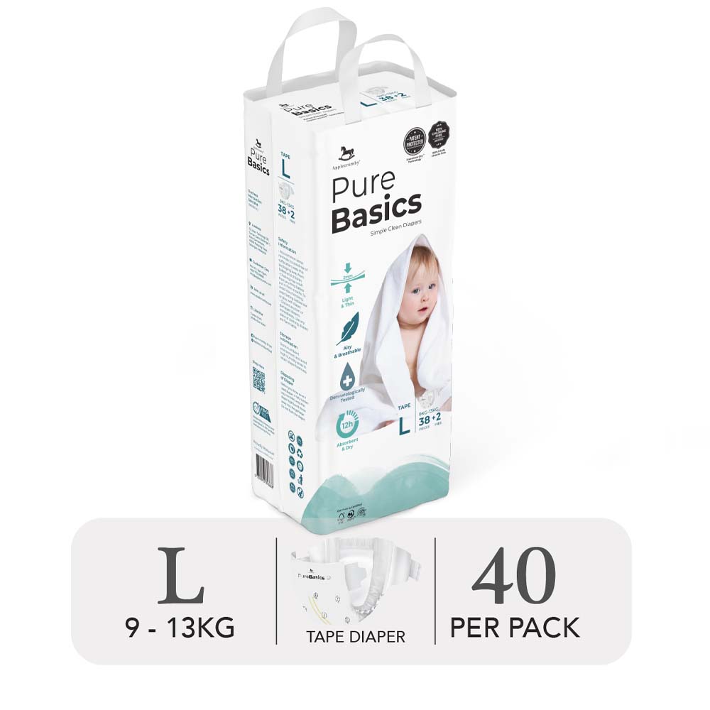 Applecrumby Purebasics Tape Day &amp; Night Diapers Size L - 40 Pieces