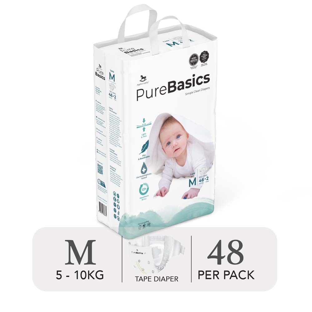 Applecrumby Purebasics Tape Day &amp; Night Diapers SizeM- 48 Pieces