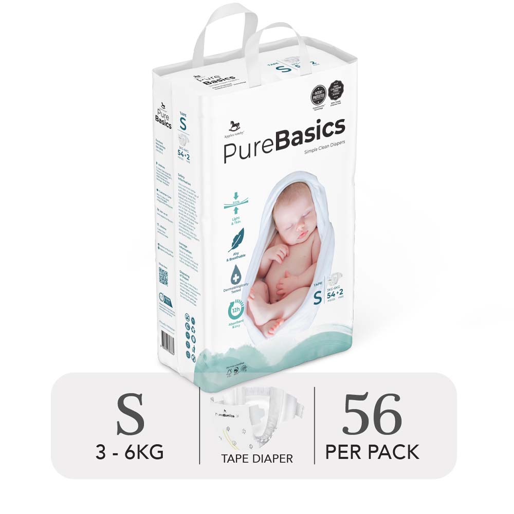 Applecrumby Purebasics Tape Day &amp; Night Diapers Size S - 56 Pieces