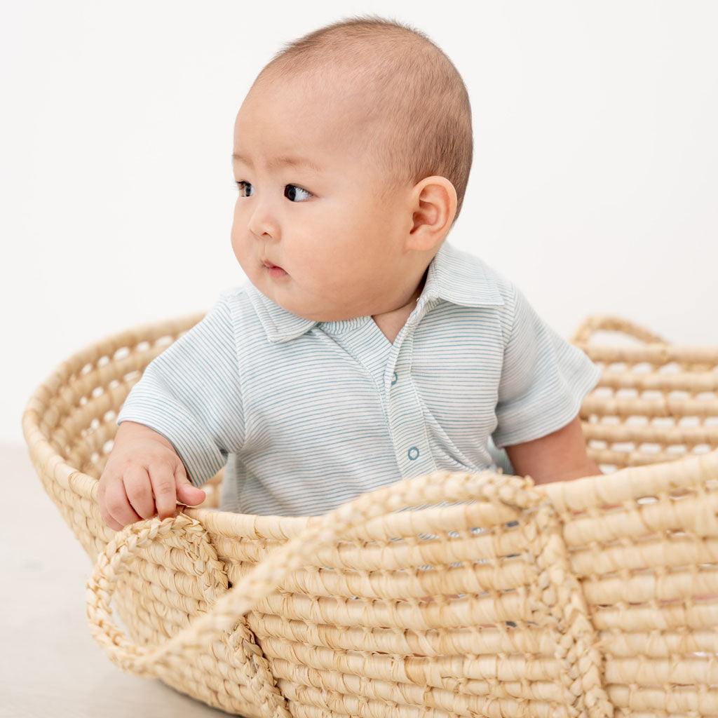 Motherswork X Le Petit Society Baby Boy Organic Polo Romper Blue Stripe