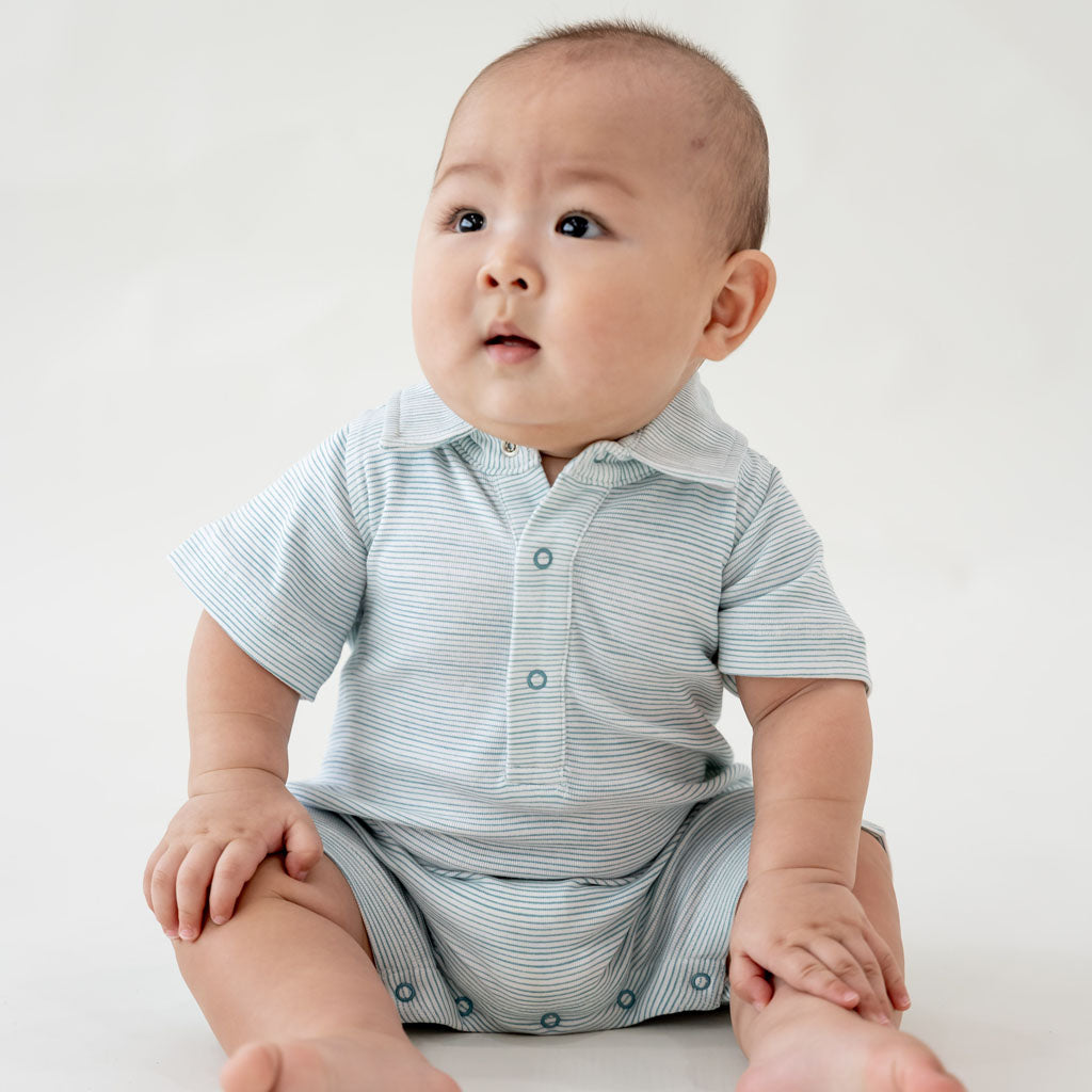 Motherswork X Le Petit Society Baby Boy Organic Polo Romper Blue Stripe