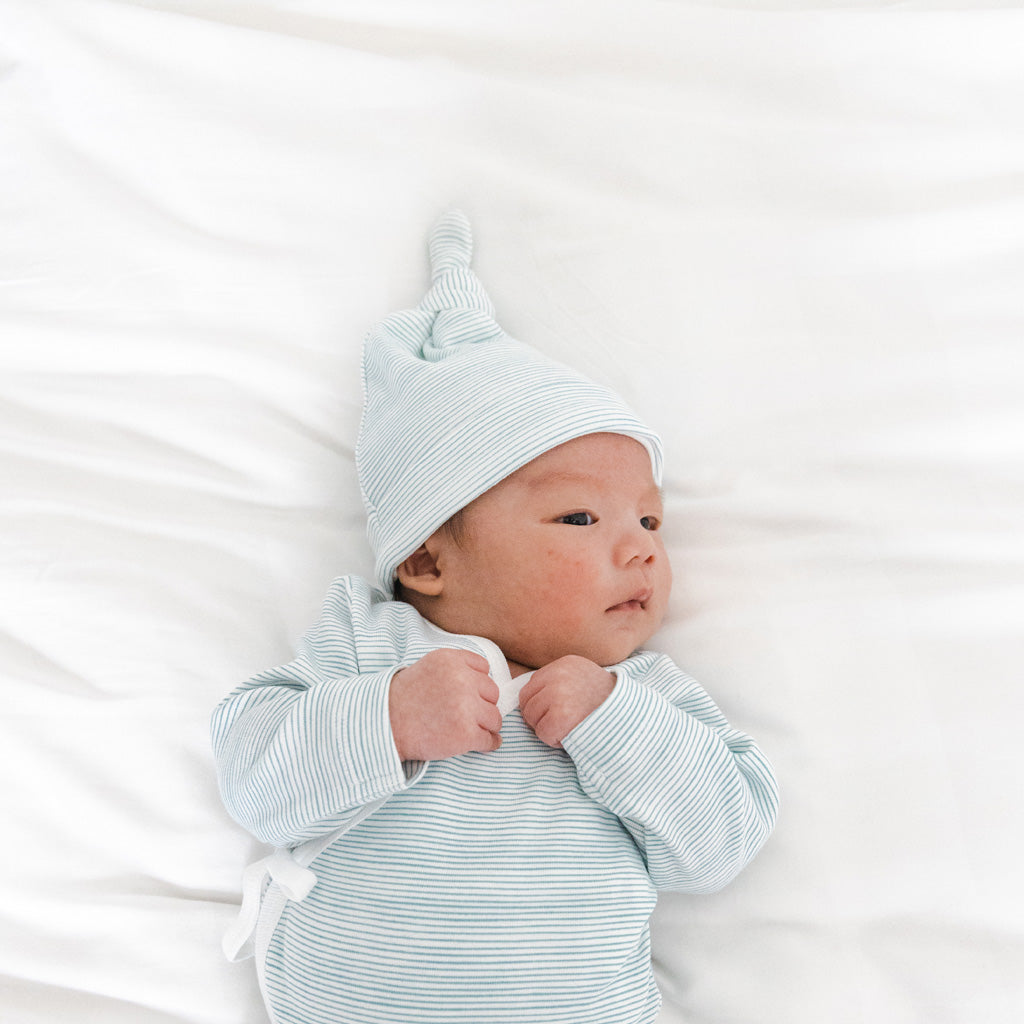 Motherswork X Le Petit Society Organic Baby Knot Hat in Blue Striped