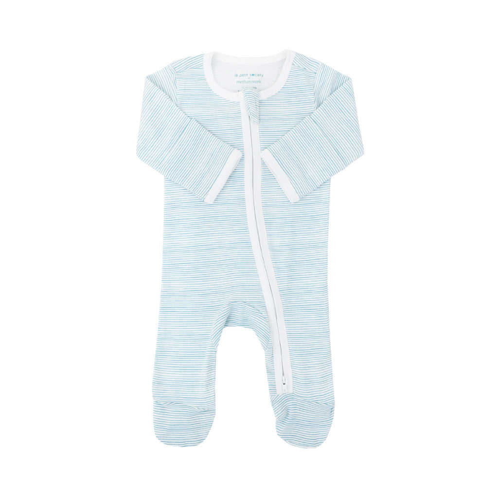 Motherswork X Le Petit Society Blue Striped Organic Baby Zipper Pajamas