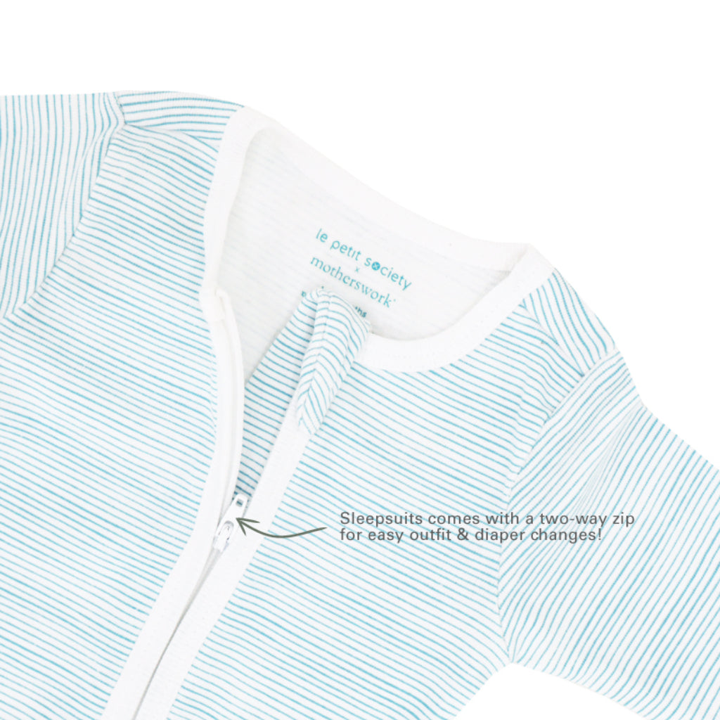 Motherswork X Le Petit Society Blue Striped Organic Baby Zipper Pajamas