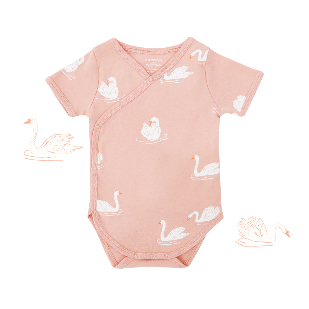 Motherswork X Le Petit Society Organic Baby Kimono Jumpsuit with Swan Print